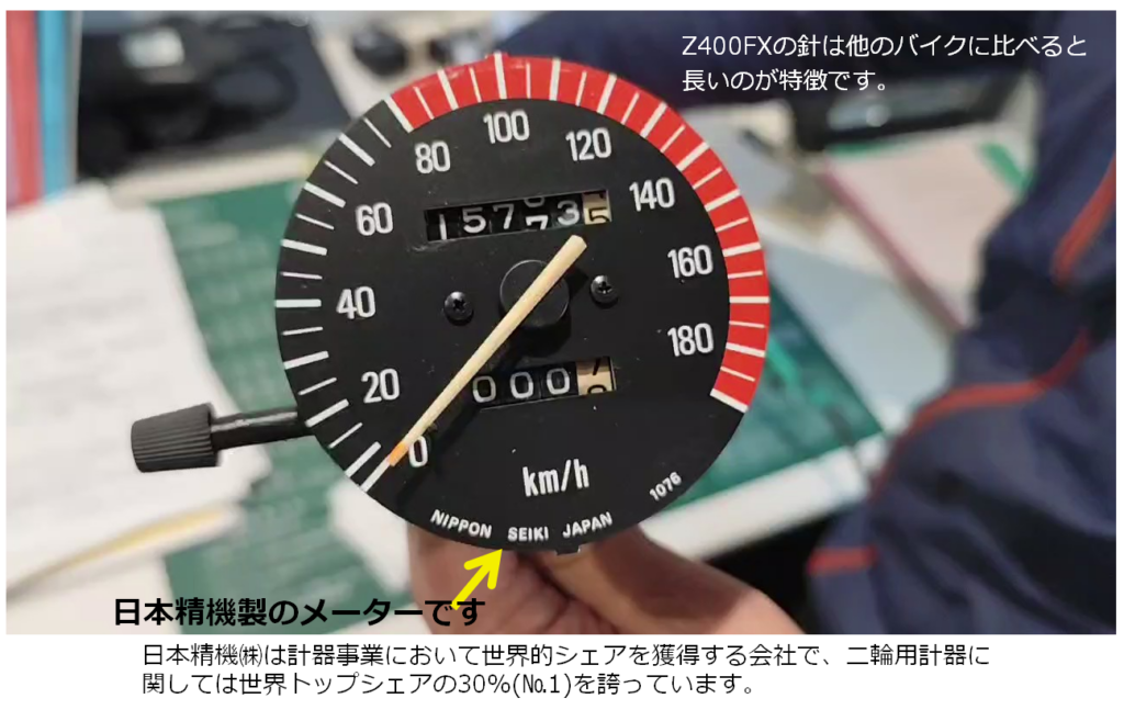 Z400FXの針は他のバイクに比べると長いのが特徴です。

日本精機製のメーターです。
日本精機㈱は計器事業において世界的シェアを獲得する会社で、二輪用計器に関しては世界トップシェアの30%（No.1）を誇っています。
